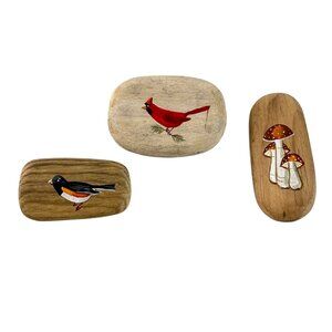 Vintage Webb Handmade Hand Painted Woodland Mushrooms Bird Wooden Brooch Pin Lot